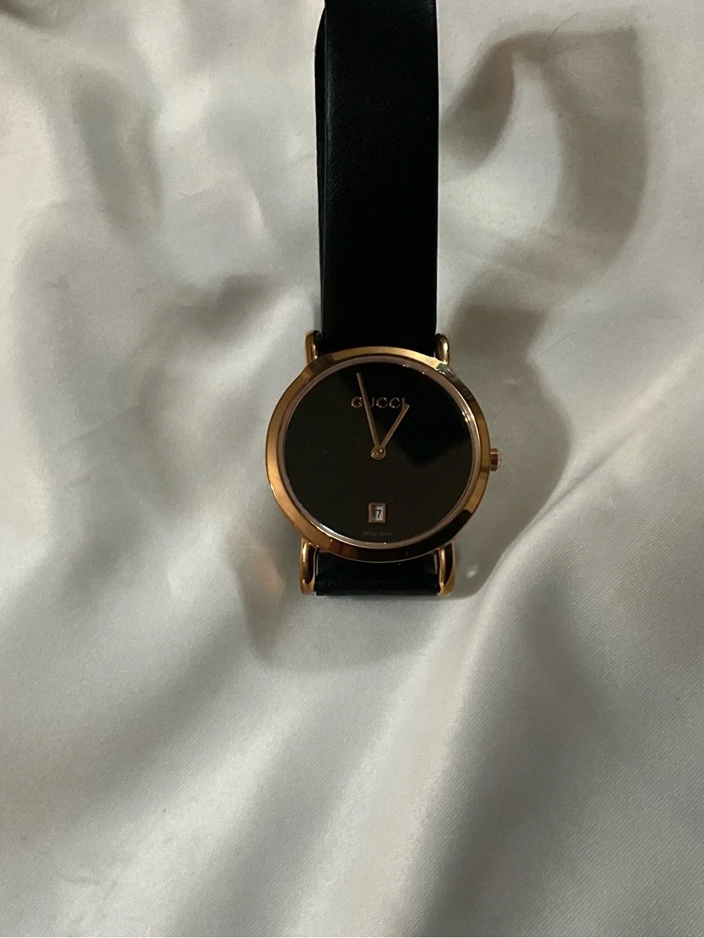 Gucci Black and Gold Minimalist Leather Strap Watch